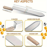 Three-pieces set Uncapping Knife Beekeeping Tool, Stainless Steel 11-inch Serrated Blade Honey Comb Knife Scraper, Manual Honey Extractor and Uncapper with Wooden Handle
