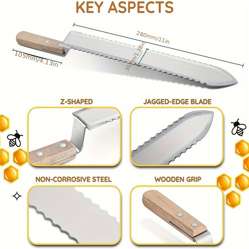 Three-pieces set Uncapping Knife Beekeeping Tool, Stainless Steel 11-inch Serrated Blade Honey Comb Knife Scraper, Manual Honey Extractor and Uncapper with Wooden Handle
