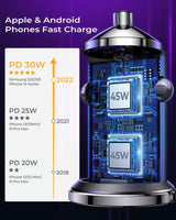 USB C Car Charger, [PD45W & QC45W] Dual Fast Ports Fast Charge Car Charger [All Metal & Mini] Cigarette Lighter Adapter for Iphone 14/13/12 Pro Max Samsung S22/21 Note20/10 Google Pixel, Ipad Pro