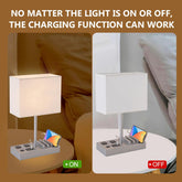 Bedside Table Lamp with 3 USB Charging Ports, 2 AC Outlets and 3 Phone Stands, Modern USB Desk Lamp with Silver Wooden Base