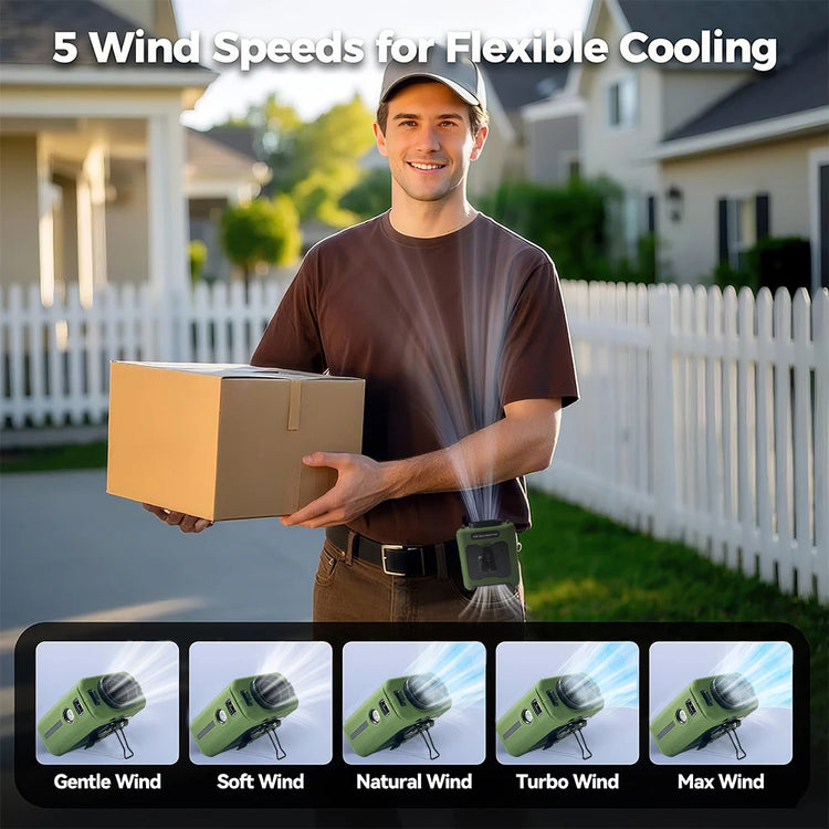 20000Mah Portable Outdoor Waist Fan Hanging Neck Strong Wind LED Lighting Outdoor Emergency Power Supply Suitable Outdoor Work