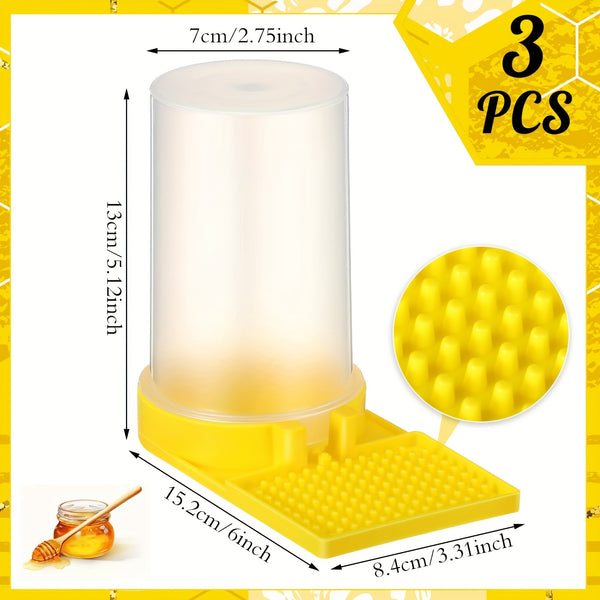 3 Pack Yellow Plastic Bee Water Feeder with Transparent Container & Ant-Proof Hexagonal Base - Beehive Entrance Feeder for Beekeeping, Honey Frames, Garden Colonies - Prevents Contamination, Ensures Clean Water Supply, Transp