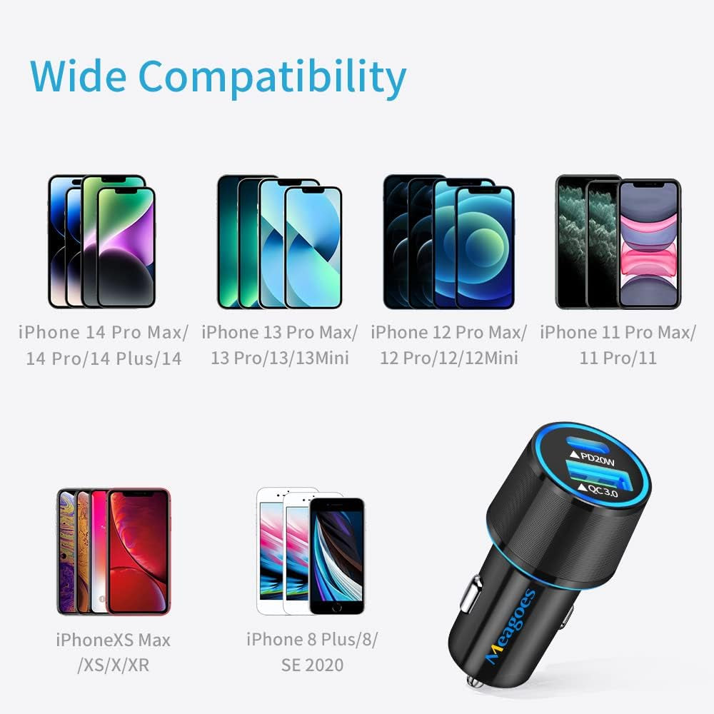Fast USB C Car Charger,  20W PD Rapid Charging Adapter Compatible for Apple Iphone 14 Pro Max/14 Pro/14 Plus/14/13/12/Mini/11/Xs/Xr/X/8 Plus/Se 3-3.3Ft Mfi Certified Type C to Lightning Cable