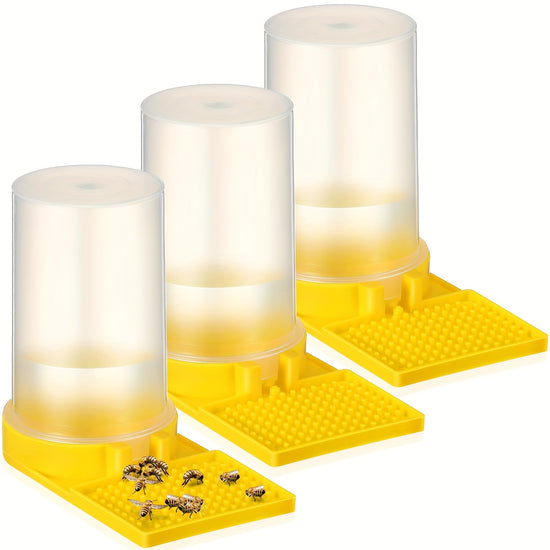 3 Pack Yellow Plastic Bee Water Feeder with Transparent Container & Ant-Proof Hexagonal Base - Beehive Entrance Feeder for Beekeeping, Honey Frames, Garden Colonies - Prevents Contamination, Ensures Clean Water Supply, Transp