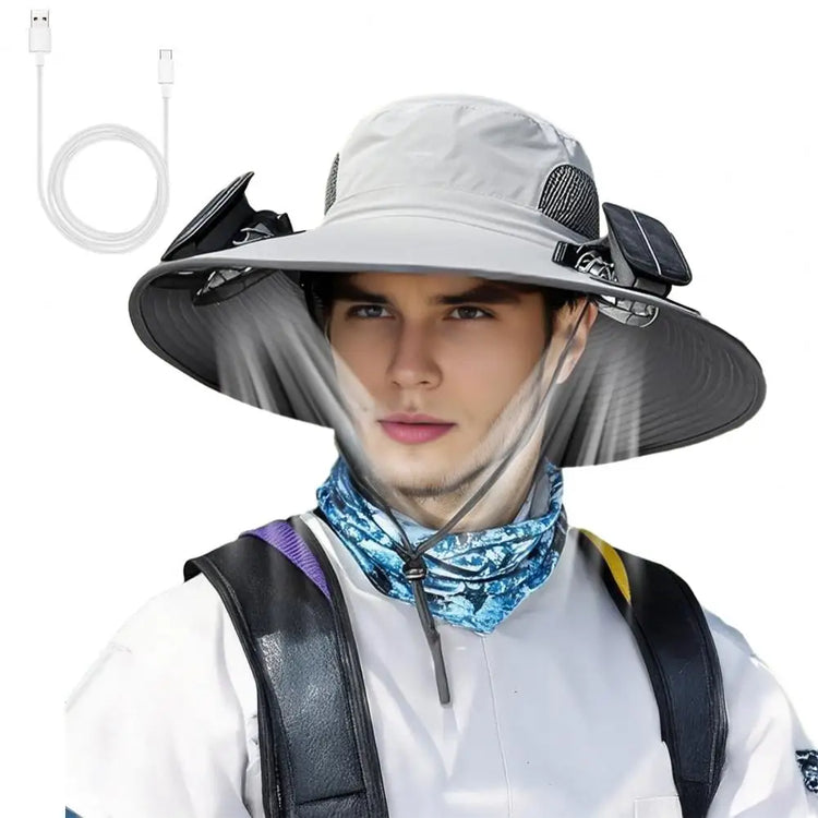 Outdoor Solar Fan Hat with Dual Power Supply Wide Brim Sun Hat with Built-In Solar Fan Fishing Hiking Gardening Hat