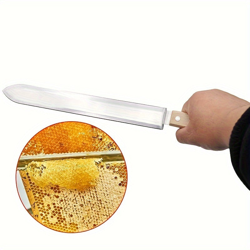 Three-pieces set Uncapping Knife Beekeeping Tool, Stainless Steel 11-inch Serrated Blade Honey Comb Knife Scraper, Manual Honey Extractor and Uncapper with Wooden Handle