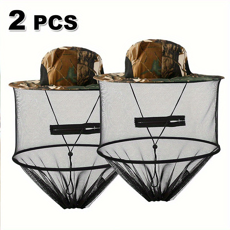2pcs Beekeeping Hat with Mosquito Net, Bug Proof Head Net for Outdoor Activities, Beekeeping, Hiking, Gardening, Fishing, Breathable Mesh Bucket Hat, Unisex Sun Protection Hat for Men Women