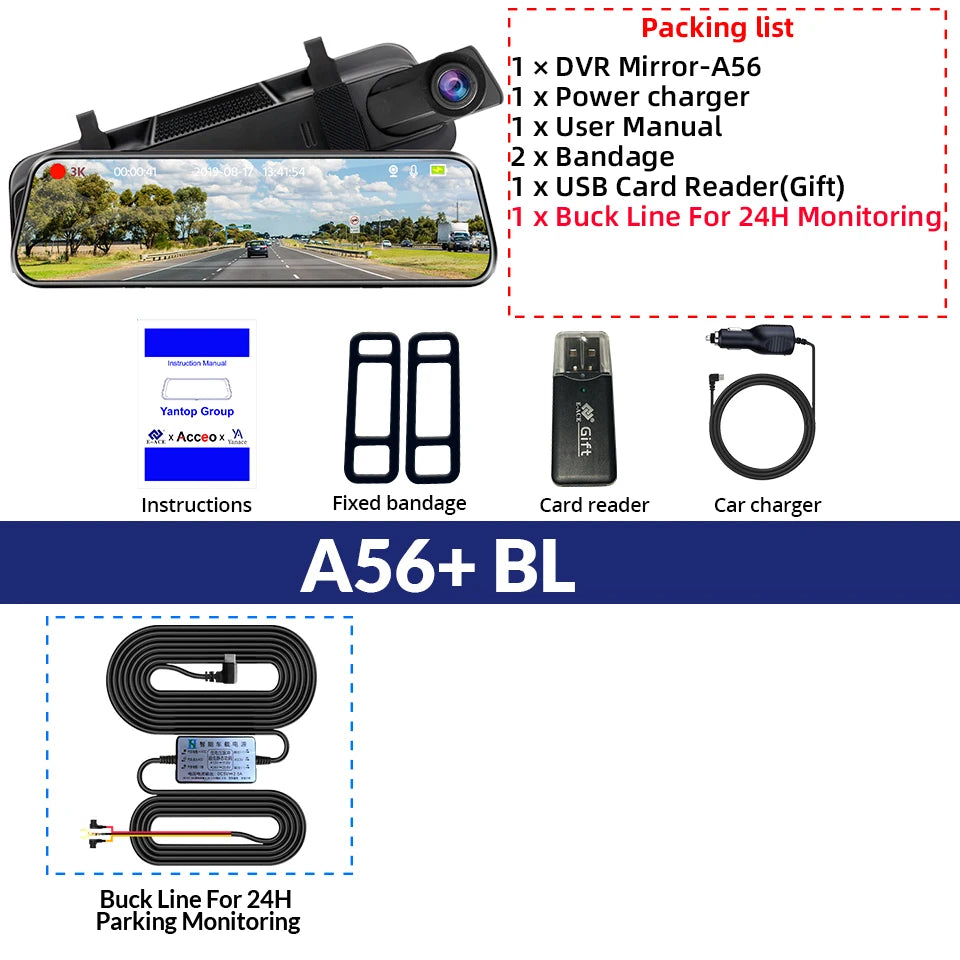 3K+2.5K DVR Mirror for 10"Dash Cam Recorder Optional Rear Camera Night Vision Hisllicon Chip GPS WIFI 24H Parking Monitor