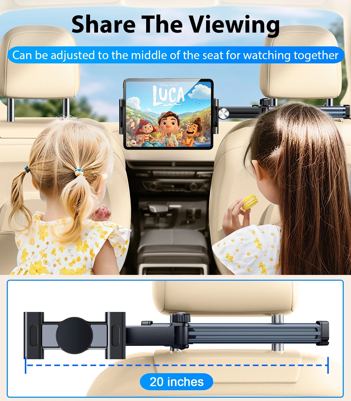 Tablet Holder Mount for Car Headrest Back Seat 360 Rotate Phone Stand Long Arm Adjustable with 2 Hook Fit for 4.7-12 Device