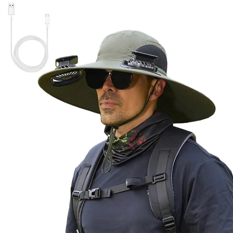 Outdoor Solar Fan Hat with Dual Power Supply Wide Brim Sun Hat with Built-In Solar Fan Fishing Hiking Gardening Hat