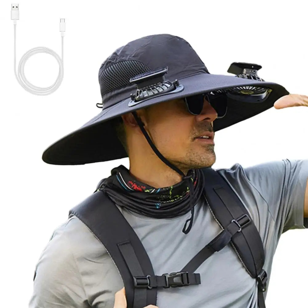 Outdoor Solar Fan Hat with Dual Power Supply Wide Brim Sun Hat with Built-In Solar Fan Fishing Hiking Gardening Hat