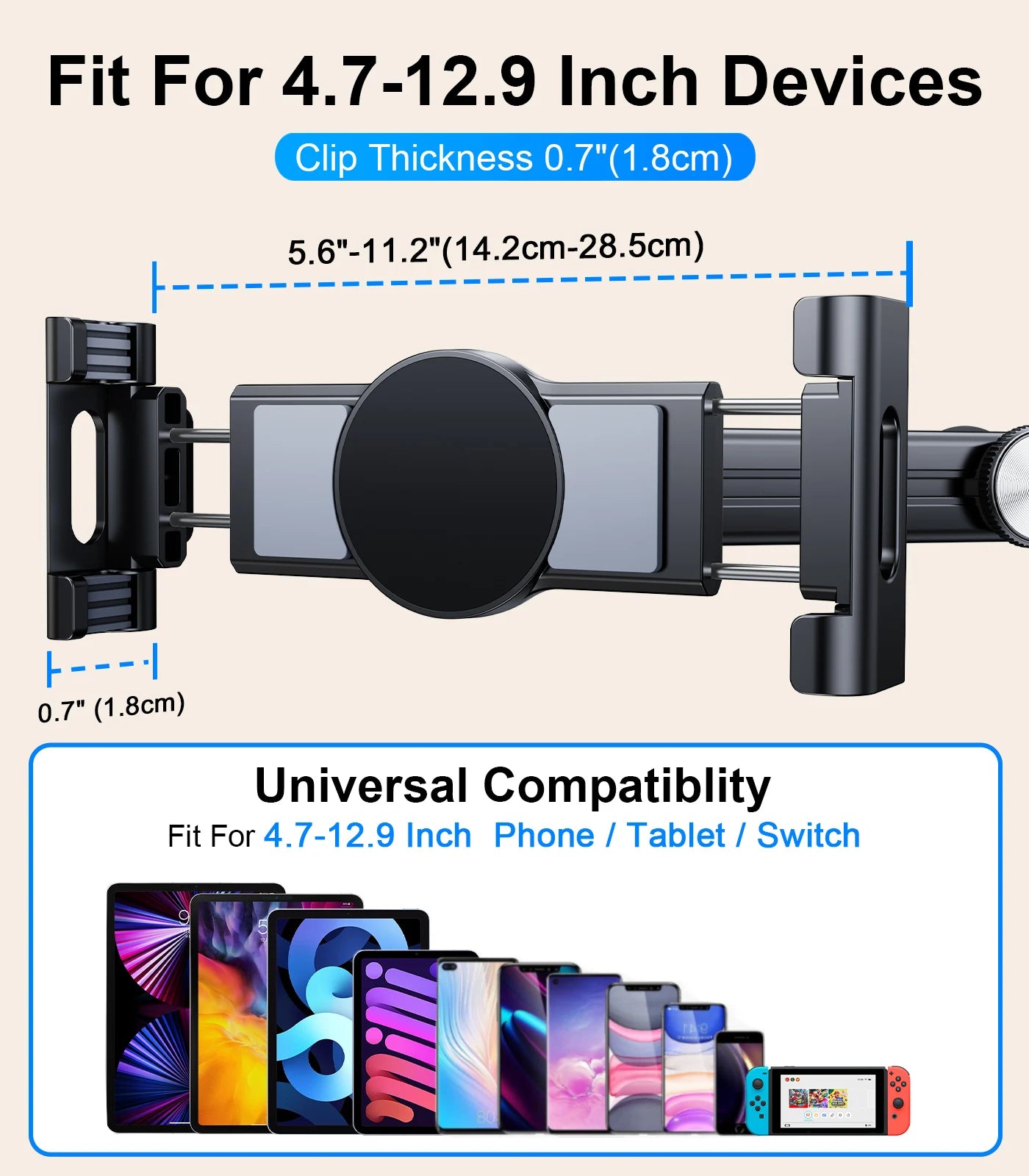 Tablet Holder Mount for Car Headrest Back Seat 360 Rotate Phone Stand Long Arm Adjustable with 2 Hook Fit for 4.7-12 Device