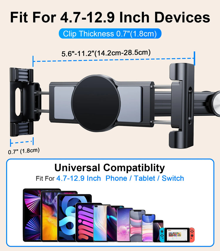 Tablet Holder Mount for Car Headrest Back Seat 360 Rotate Phone Stand Long Arm Adjustable with 2 Hook Fit for 4.7-12 Device
