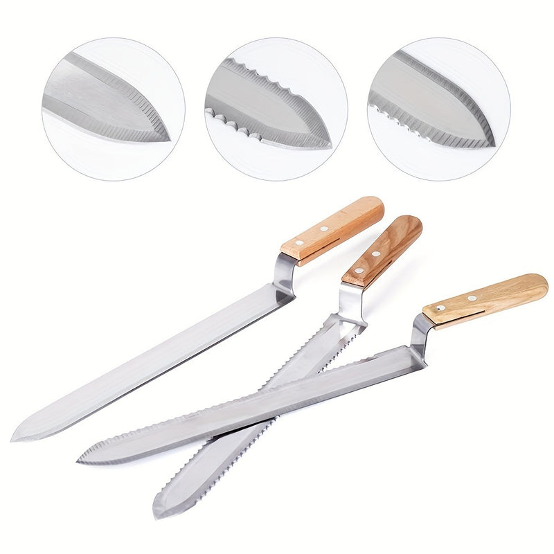 Three-pieces set Uncapping Knife Beekeeping Tool, Stainless Steel 11-inch Serrated Blade Honey Comb Knife Scraper, Manual Honey Extractor and Uncapper with Wooden Handle