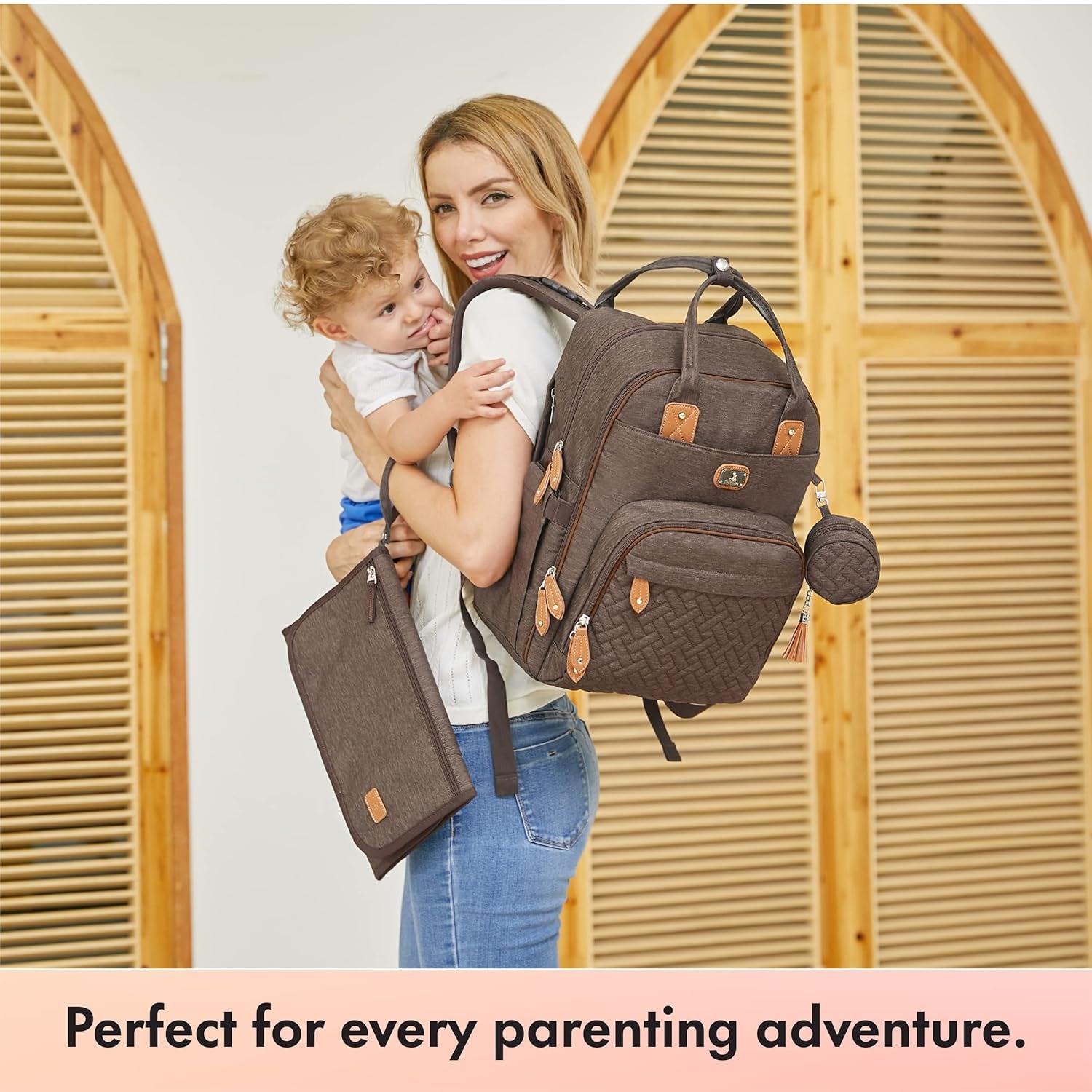 Diaper Bag Backpack with Portable Changing Pad, Pacifier Case and Stroller Straps, Large Unisex Baby Bags for Boys Girls, Multipurpose Travel Back Pack Moms Dads, Brown