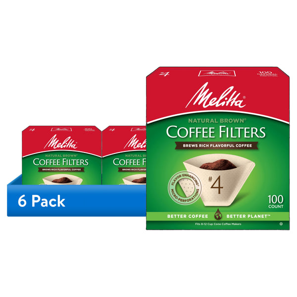 (6 Pack)  #4 Natural Brown Cone Coffee Filters, 100 Ct
