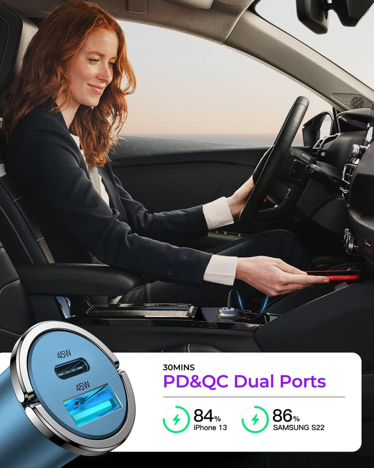 USB C Car Charger, [PD45W & QC45W] Dual Fast Ports Fast Charge Car Charger [All Metal & Mini] Cigarette Lighter Adapter for Iphone 14/13/12 Pro Max Samsung S22/21 Note20/10 Google Pixel, Ipad Pro