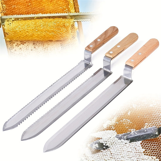 Three-pieces set Uncapping Knife Beekeeping Tool, Stainless Steel 11-inch Serrated Blade Honey Comb Knife Scraper, Manual Honey Extractor and Uncapper with Wooden Handle