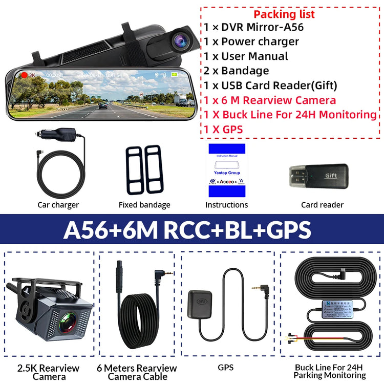 3K+2.5K DVR Mirror for 10"Dash Cam Recorder Optional Rear Camera Night Vision Hisllicon Chip GPS WIFI 24H Parking Monitor