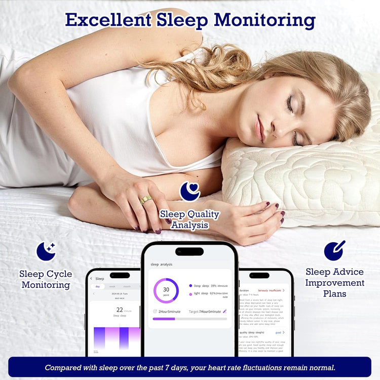 Smart Ring Health Tracker, Sleep Tracker Ring with Heart Rate, Waterproof Fitness Ring for Activity Monitoring/Steps/Distance/Calories,Air Gestures,Up to 7-Day Battery,For Ios Android (Light Gold,