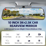 3K+2.5K DVR Mirror for 10"Dash Cam Recorder Optional Rear Camera Night Vision Hisllicon Chip GPS WIFI 24H Parking Monitor