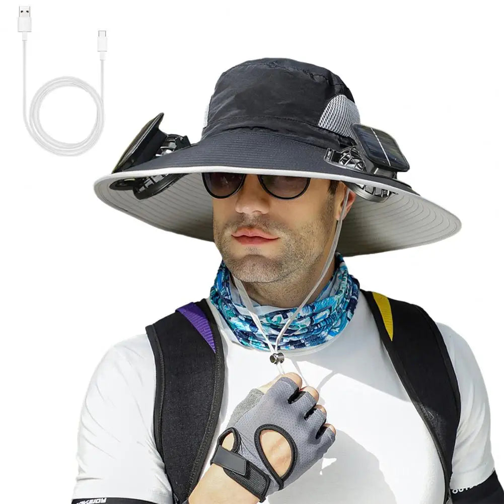 Outdoor Solar Fan Hat with Dual Power Supply Wide Brim Sun Hat with Built-In Solar Fan Fishing Hiking Gardening Hat