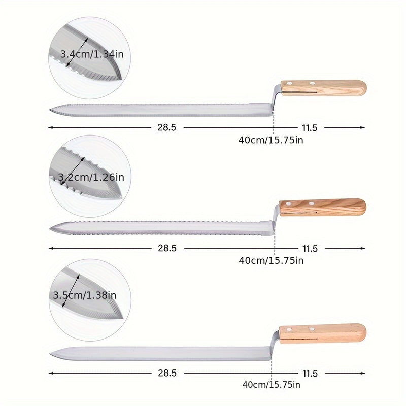 Three-pieces set Uncapping Knife Beekeeping Tool, Stainless Steel 11-inch Serrated Blade Honey Comb Knife Scraper, Manual Honey Extractor and Uncapper with Wooden Handle