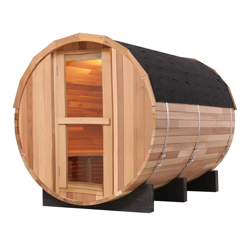 Helius in stock cedar wooden barrel outdoor sauna 4 person traditional steam sauna with electric harvia heater for spa