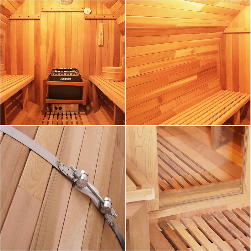 Helius in stock cedar wooden barrel outdoor sauna 4 person traditional steam sauna with electric harvia heater for spa