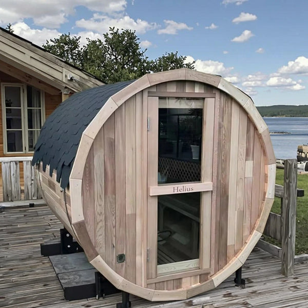 Helius in stock cedar wooden barrel outdoor sauna 4 person traditional steam sauna with electric harvia heater for spa