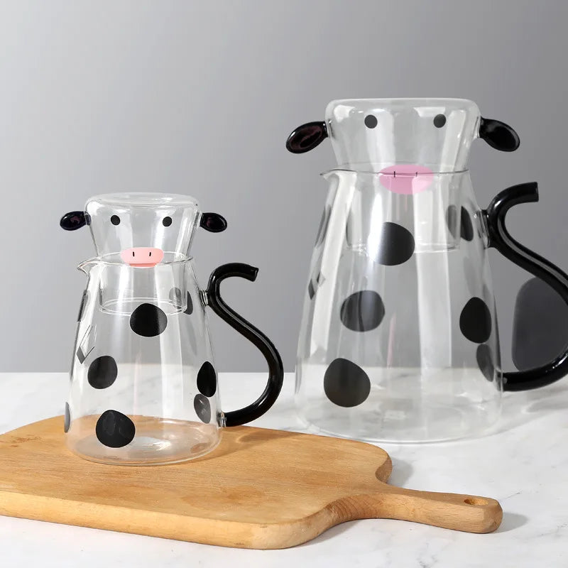550ml Glass Water Carafe Set With Cup Lovely Cartoon Cow Cold Kettle Flowering Teapot Canister Milk Iced Beverage Bottle Jug