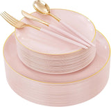 30 Guests Gold Plastic Plates with Disposable Silverware,Gold Cutlery with White Handle,White Golden Disposable