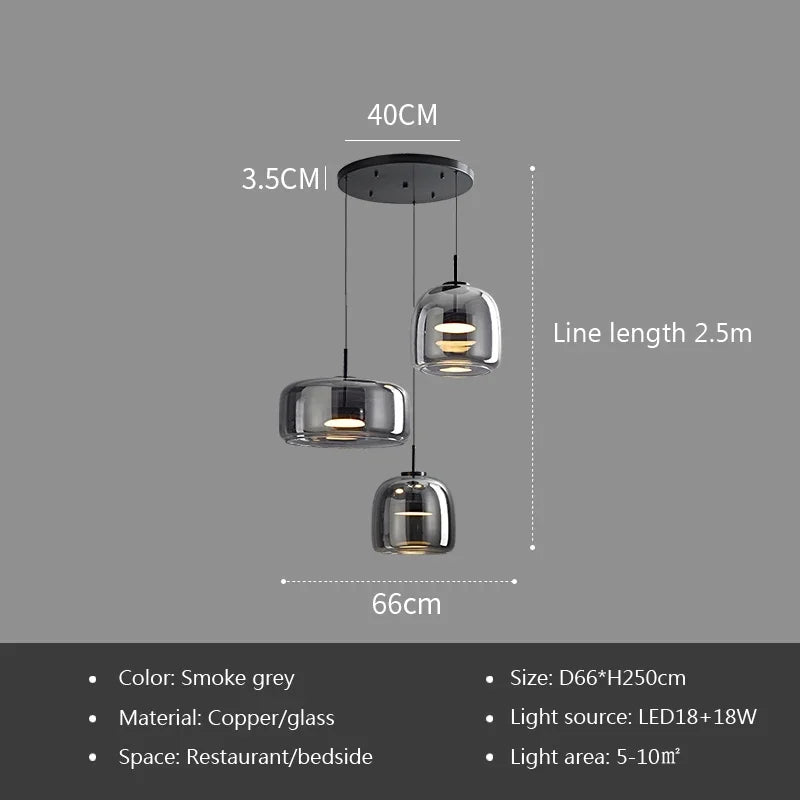 Nordic Glass Led Pendant Light Light Luxury Smoke Grey Hanging Light Fixtures Bedroom Modern Luminaire Suspension Lamp