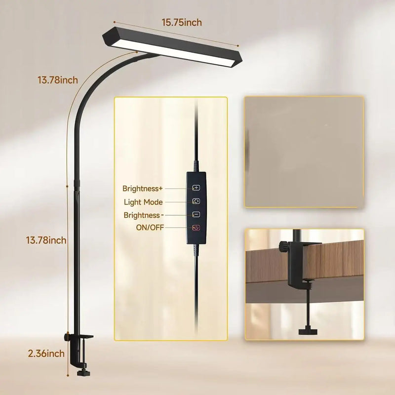 LED Desk Lamp for Office Home Eye-Caring Desk Light with Stepless Dimming Adjustable Flexible Gooseneck USB Desk Lamp with Clamp