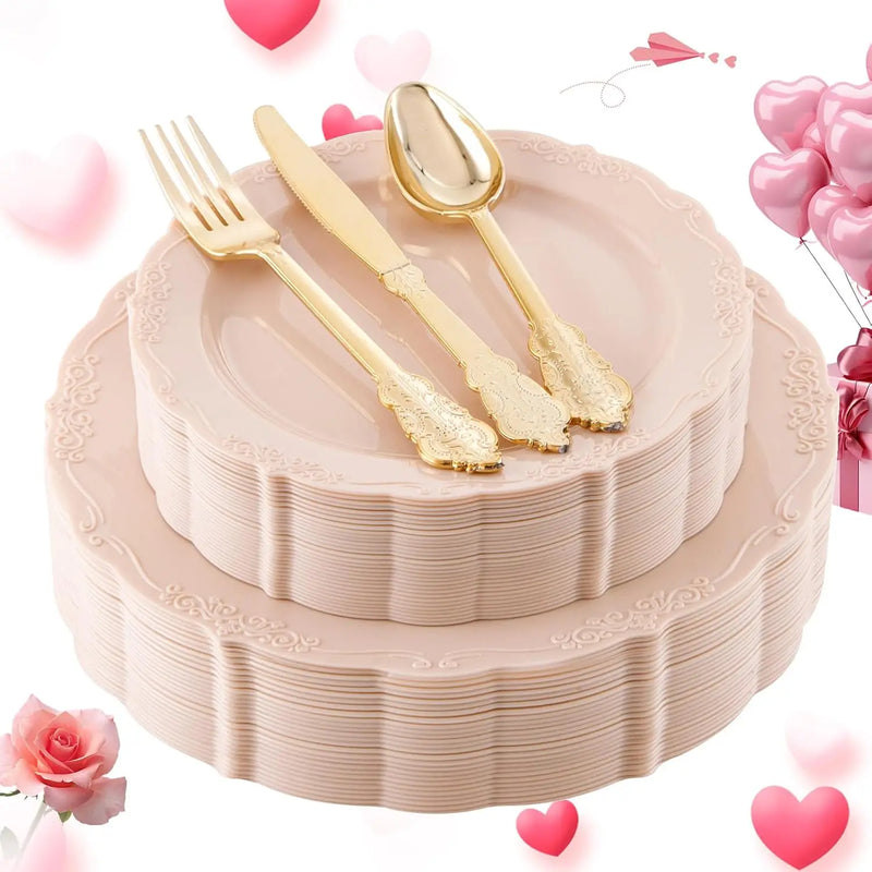 30 Guests Gold Plastic Plates with Disposable Silverware,Gold Cutlery with White Handle,White Golden Disposable