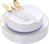 30 Guests Gold Plastic Plates with Disposable Silverware,Gold Cutlery with White Handle,White Golden Disposable