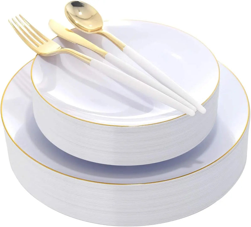 30 Guests Gold Plastic Plates with Disposable Silverware,Gold Cutlery with White Handle,White Golden Disposable