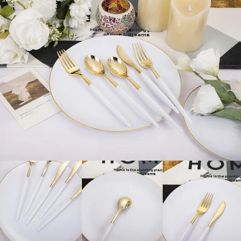 30 Guests Gold Plastic Plates with Disposable Silverware,Gold Cutlery with White Handle,White Golden Disposable