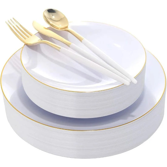 30 Guests Gold Plastic Plates with Disposable Silverware,Gold Cutlery with White Handle,White Golden Disposable