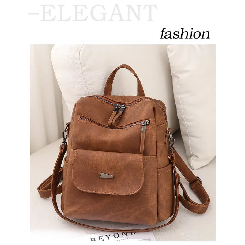 Large Women Backpack Purse Anti-theft Fashion Casual Lightweight Ladies Travel PU Washed Leather Ladies Rucksack Shoulder Bag