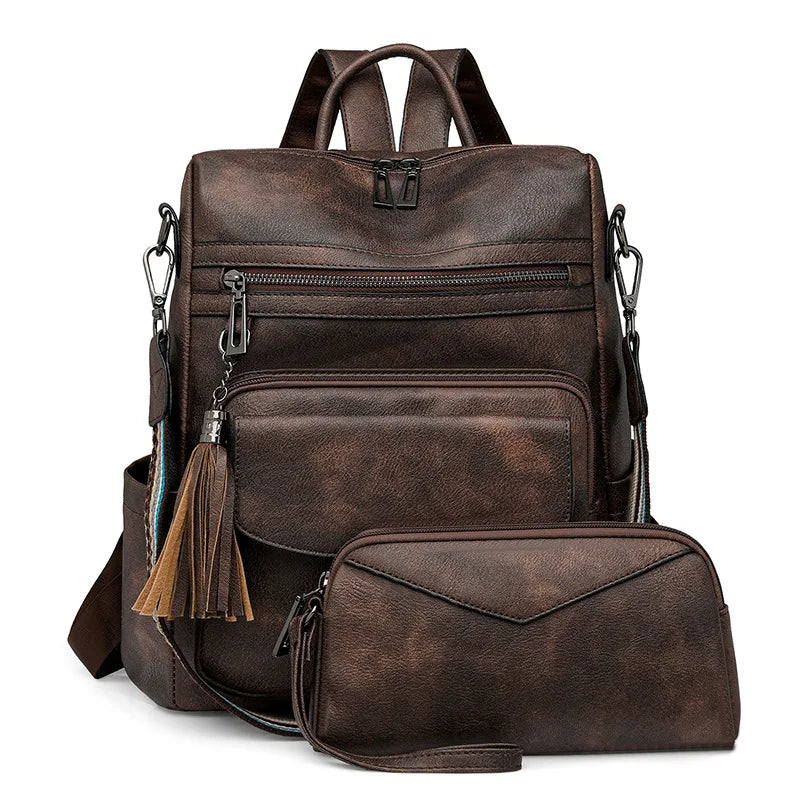 Womens Backpack Purse Leather Backpack Purse Fringe Design For Women Travel Fashion Designer Ladies Shoulder Bags 2 Pieces