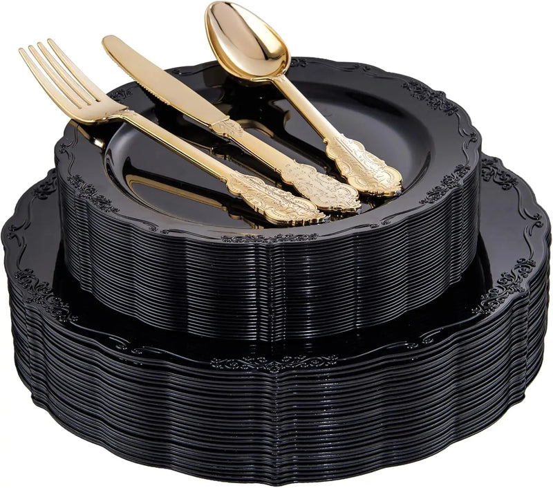 30 Guests Gold Plastic Plates with Disposable Silverware,Gold Cutlery with White Handle,White Golden Disposable