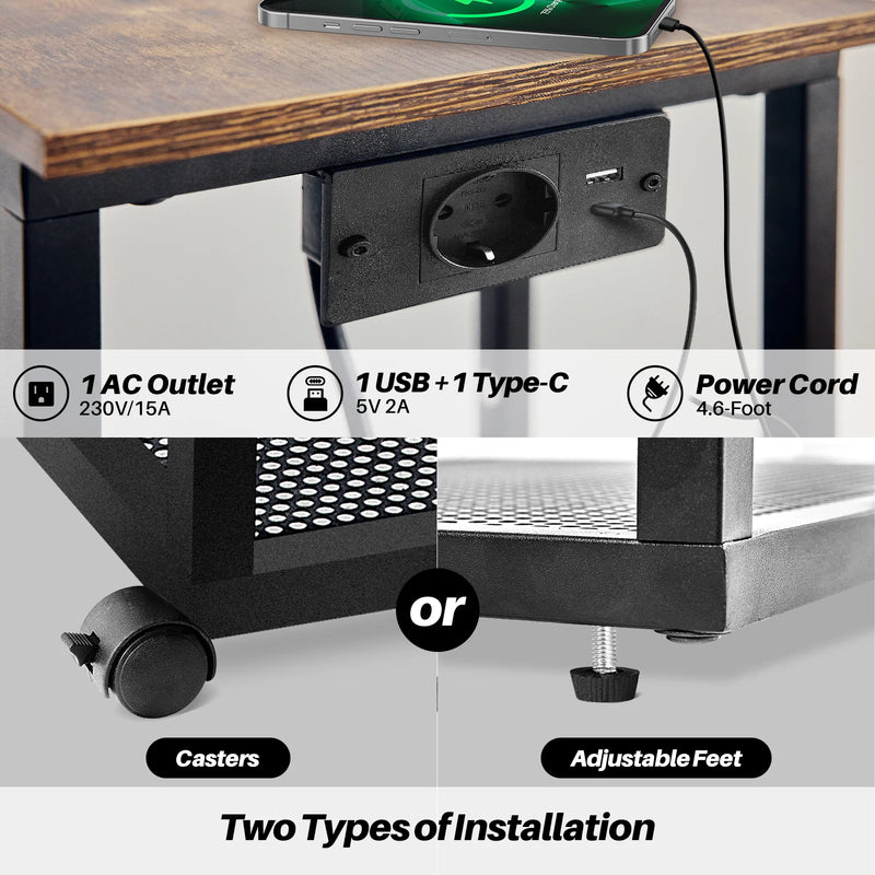 Redlife C Shaped End Table w/ Charging Station Side Table for Couch Sofa Table w/ Storage Shelf & Rolling Wheels for Small Space