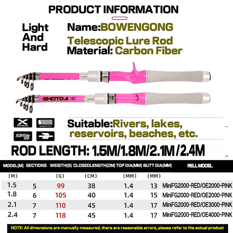 Trout Pesca Fishing Rod and Reel Combo 1.5m1.8m 2.1m 2.4m Carbon Fibe Lure Rods and 5.2:1 Spinning Wheel 7.2:1 Baitcasting Reels