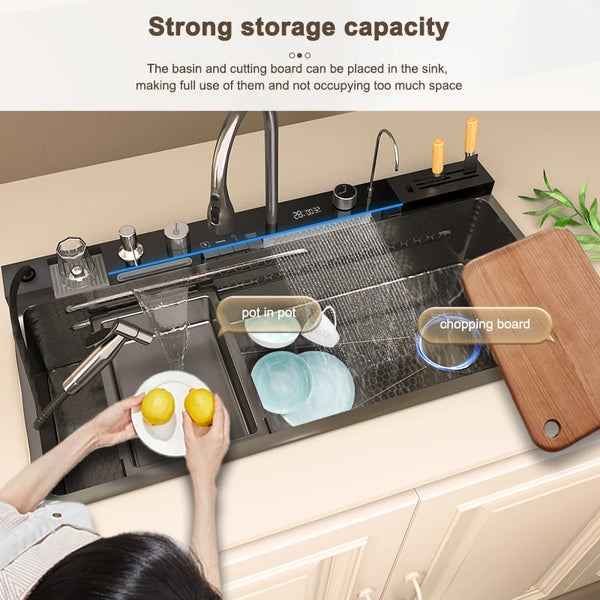 Stainless Steel Waterfall Kitchen Sink New Embossed Extra Large Single Slot Modern Digital Display Dishwashing Basin