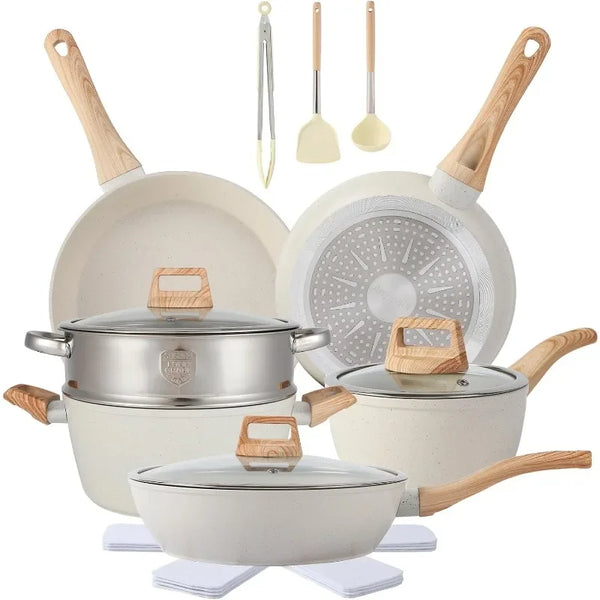Popular.16PCS Pots and Pans Set Non Stick Cookware Set Nonstick with Cooking Set (white, 16pieces)