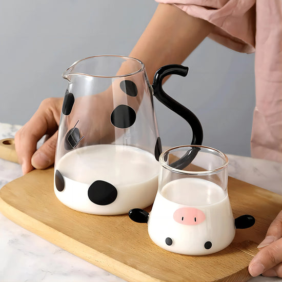 550ml Glass Water Carafe Set With Cup Lovely Cartoon Cow Cold Kettle Flowering Teapot Canister Milk Iced Beverage Bottle Jug