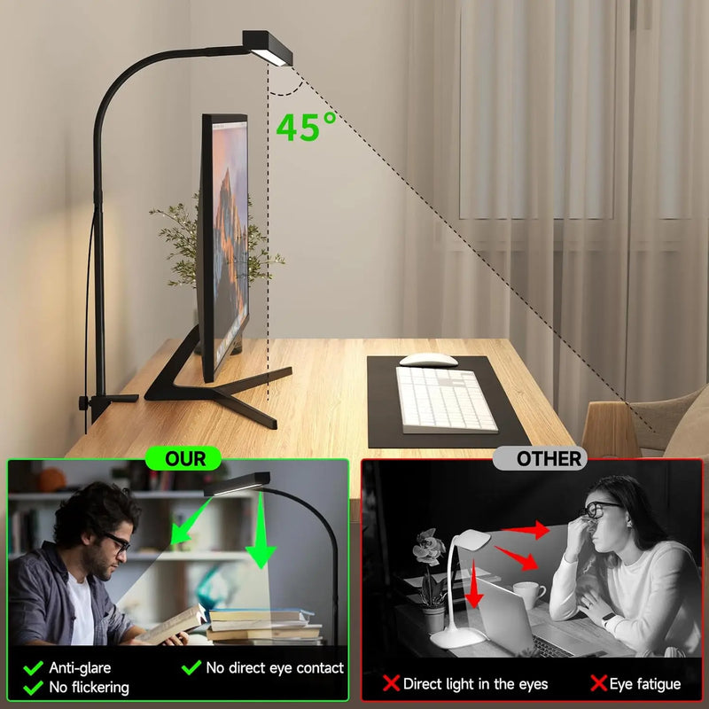 LED Desk Lamp for Office Home Eye-Caring Desk Light with Stepless Dimming Adjustable Flexible Gooseneck USB Desk Lamp with Clamp