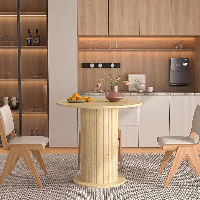 31.5 inch Round Dining Table for 2, Modern Farmhouse Kitchen Table, Small Circle Dining Tables with Wood Strip Base for Kitchen