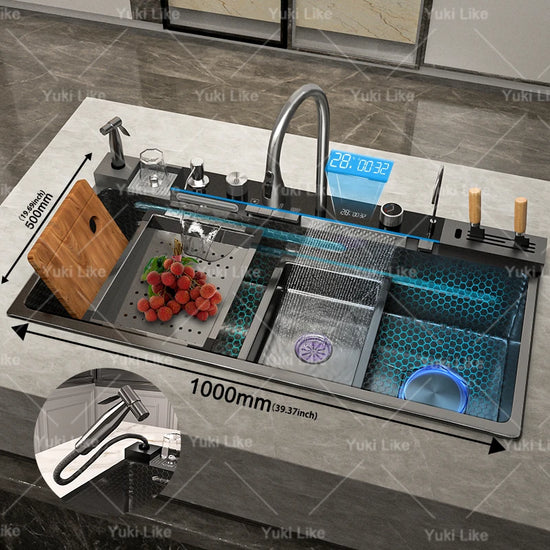 Stainless Steel Waterfall Kitchen Sink New Embossed Extra Large Single Slot Modern Digital Display Dishwashing Basin